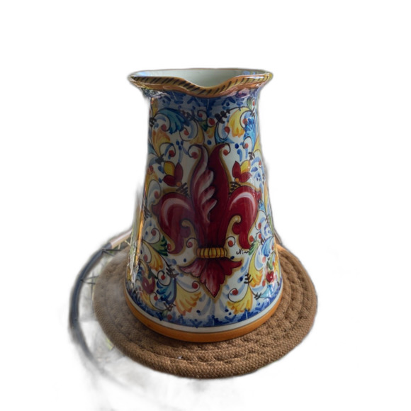 Orvieto Hand Painted Pitcher with Red Fleur De Lis Design